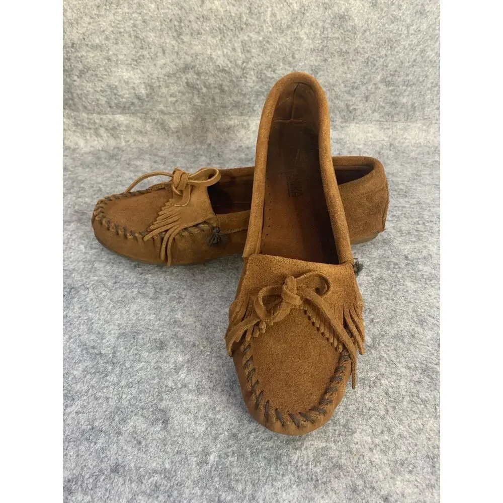 Minnetonka Moccasins Womens 10 Brown Suede Kilty Fringe Driving Loafer Shoes